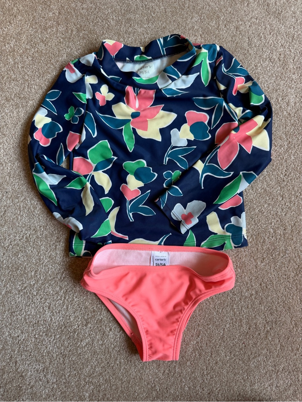 Carter's Navy Floral Long-Sleeve Rashguard with Coral Swim Bottom